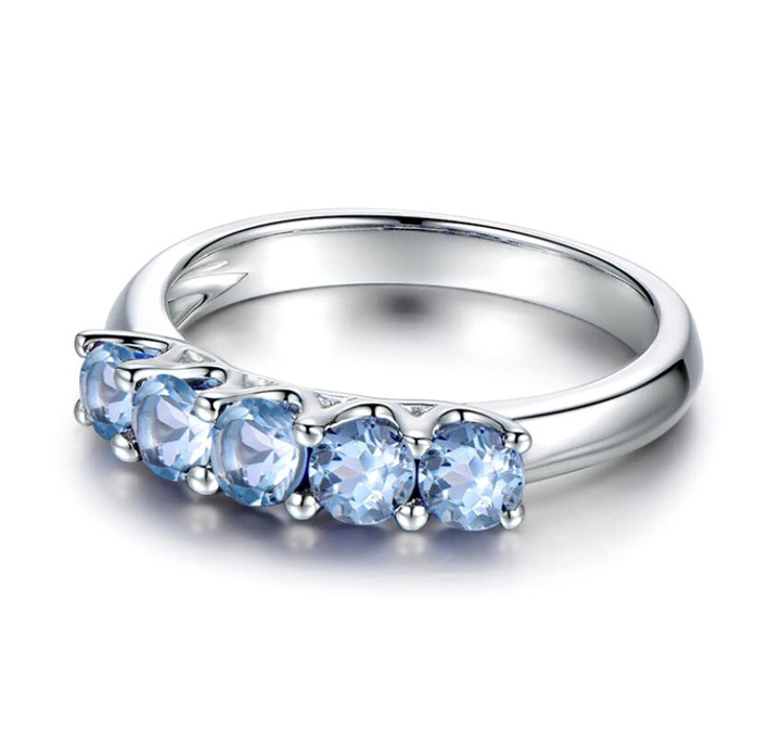 Natural blue topaz jewellery 5 stones line band diamond ring in 925 sterling silver 